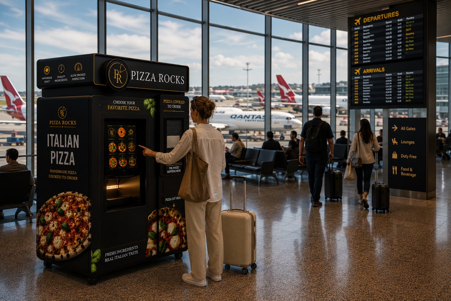 Pizza Rocks vending machine positioned in an airport or transport hub